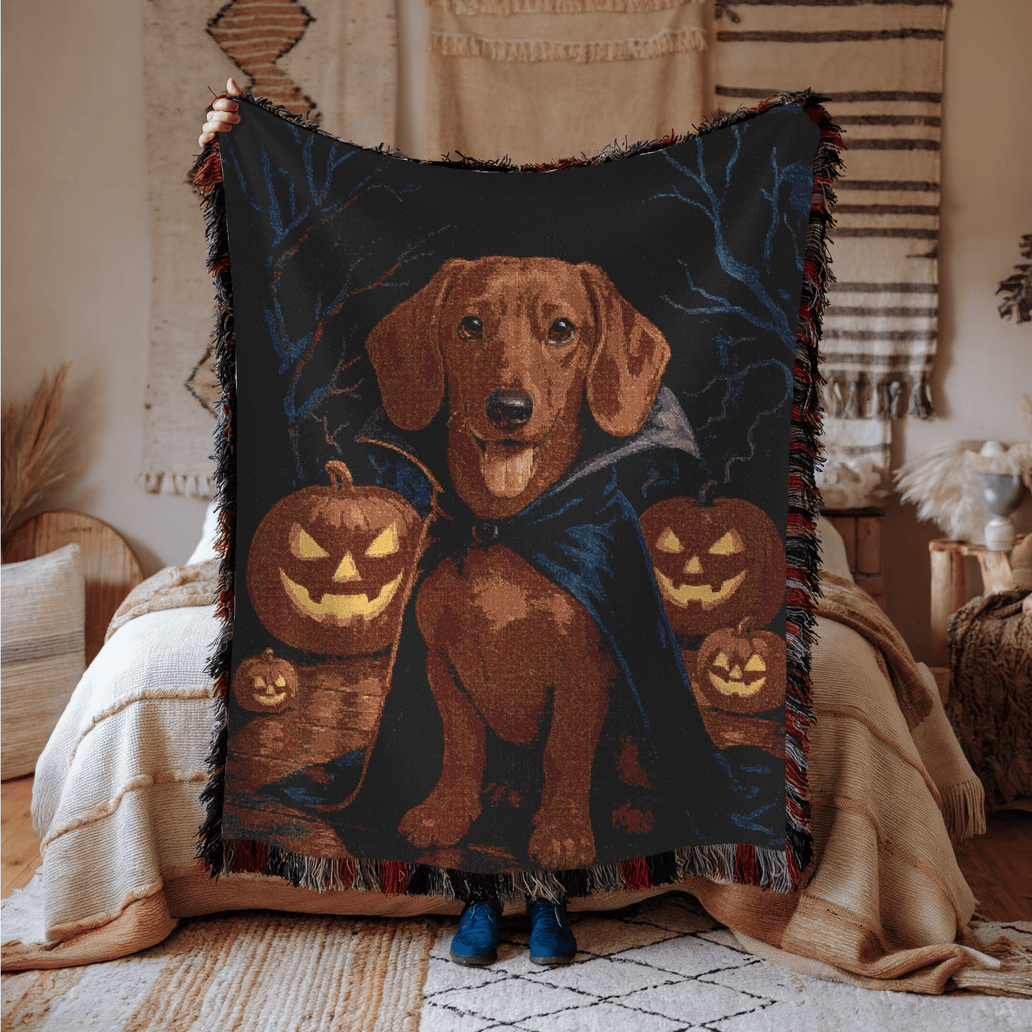 Printify Blanket Red Dachshund Halloween Woven Blanket