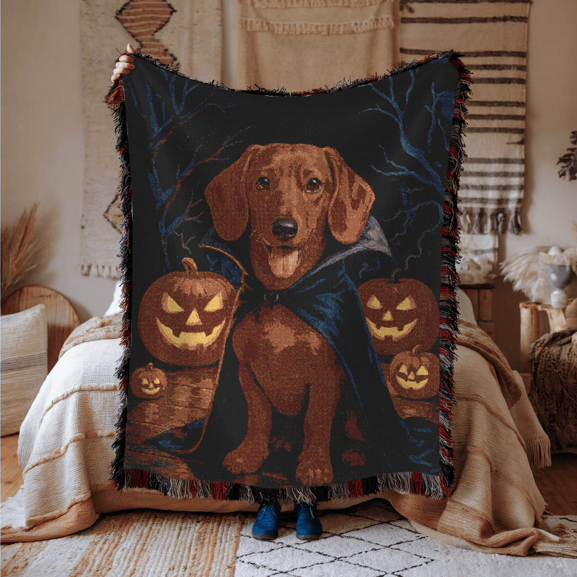 Printify Blanket Red Dachshund Halloween Woven Blanket