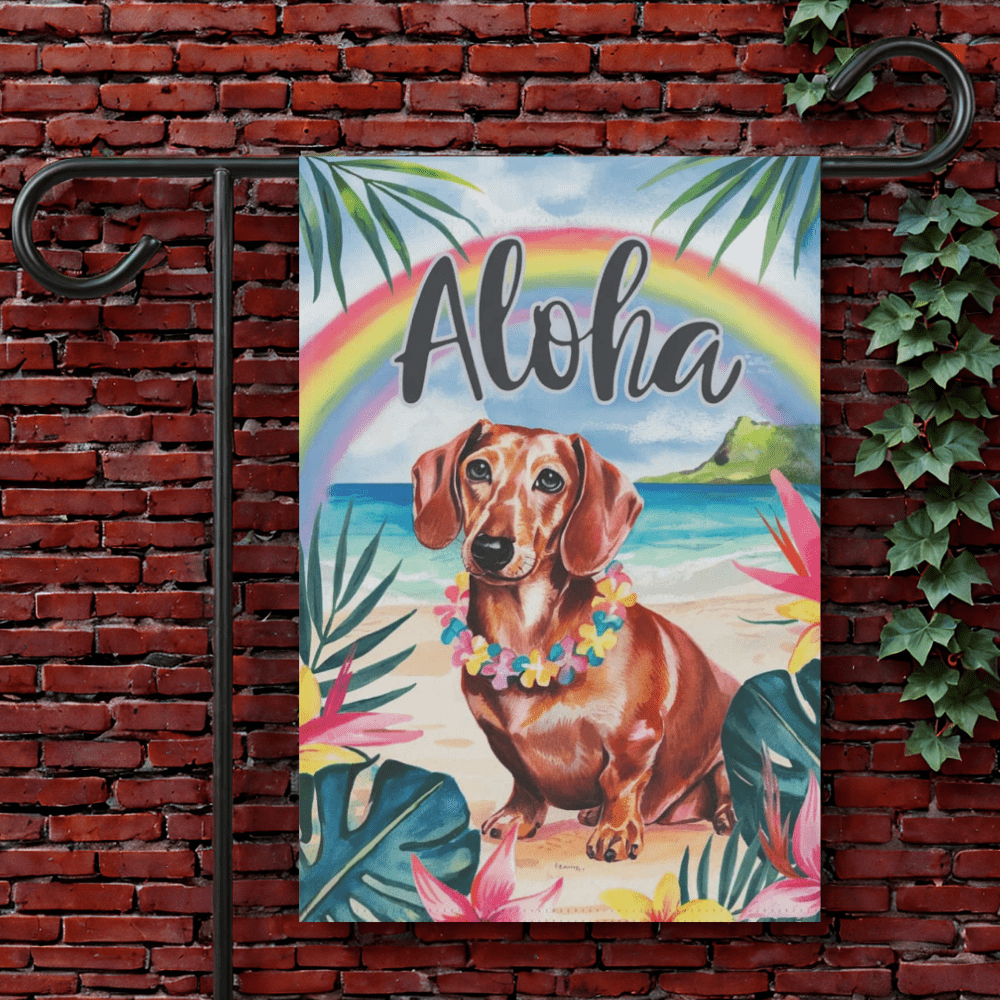 Red Dachshund Hawaii Garden Flag 12'' × 18''