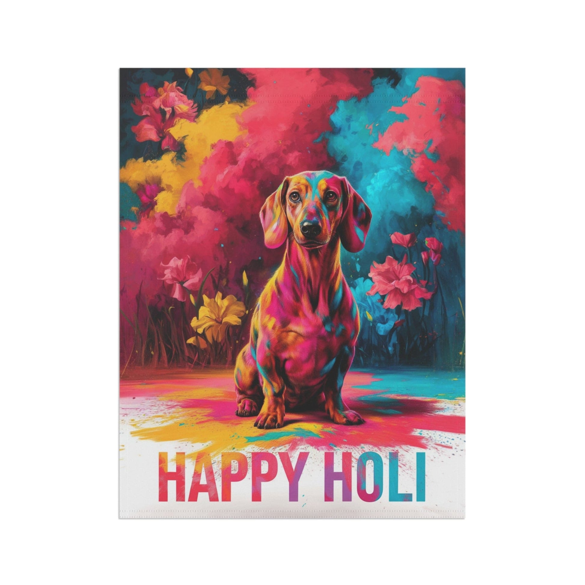 Printify Garden Flag Red Dachshund Holi Festival Garden Flag, Indian Celebrations Funny Dog
