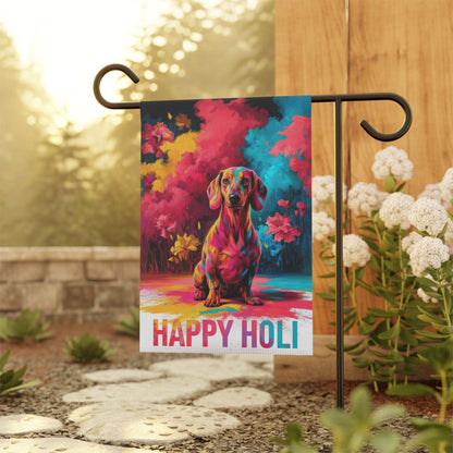 Printify Garden Flag Red Dachshund Holi Festival Garden Flag, Indian Celebrations Funny Dog