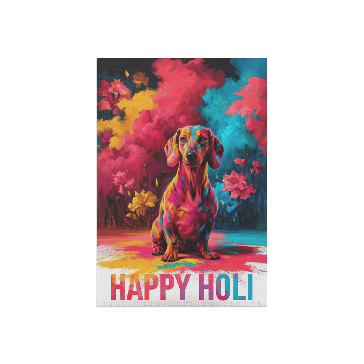 Printify Garden Flag Red Dachshund Holi Festival Garden Flag, Indian Celebrations Funny Dog