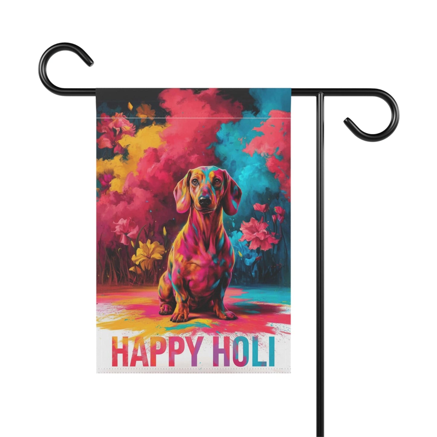 Printify Garden Flag Red Dachshund Holi Festival Garden Flag, Indian Celebrations Funny Dog