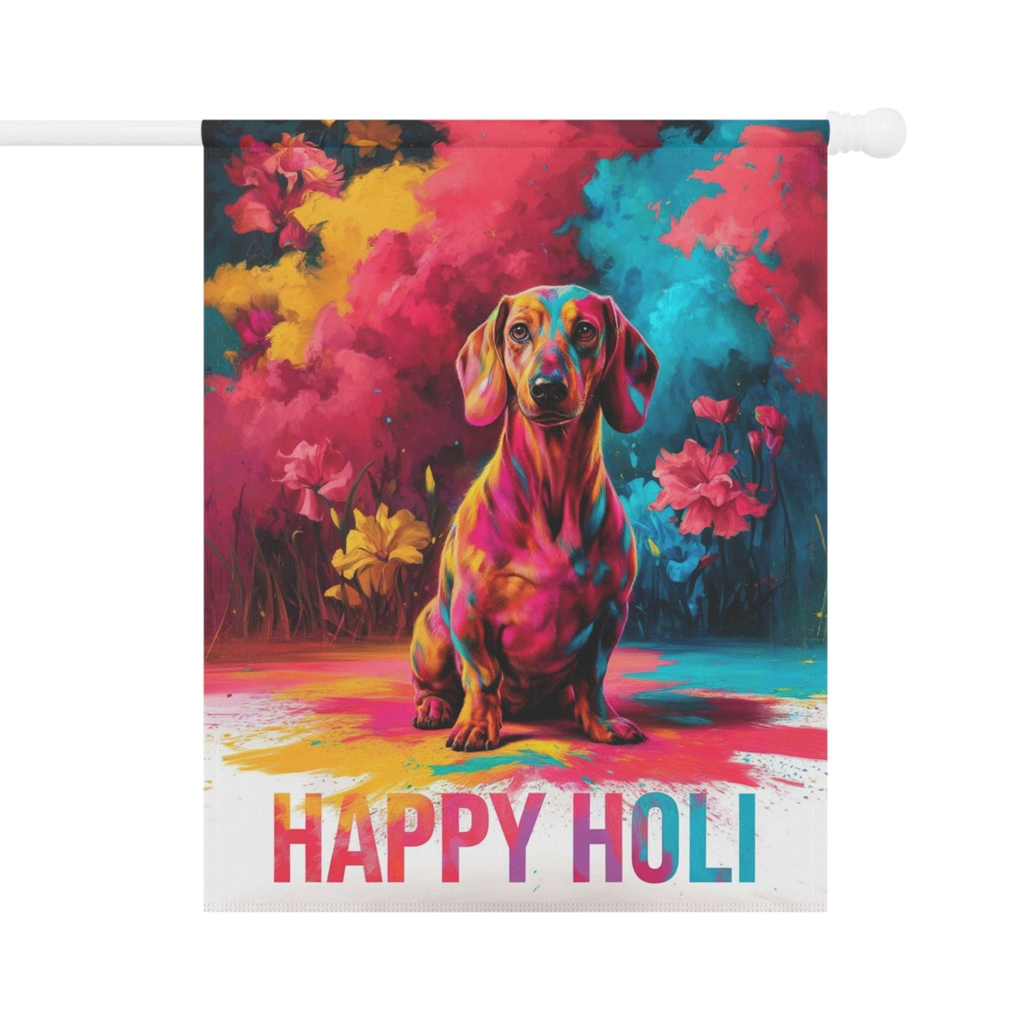 Printify Garden Flag 24.5'' × 32'' Red Dachshund Holi Festival Garden Flag, Indian Celebrations Funny Dog