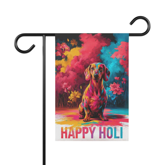 Printify Garden Flag 12'' × 18'' Red Dachshund Holi Festival Garden Flag, Indian Celebrations Funny Dog