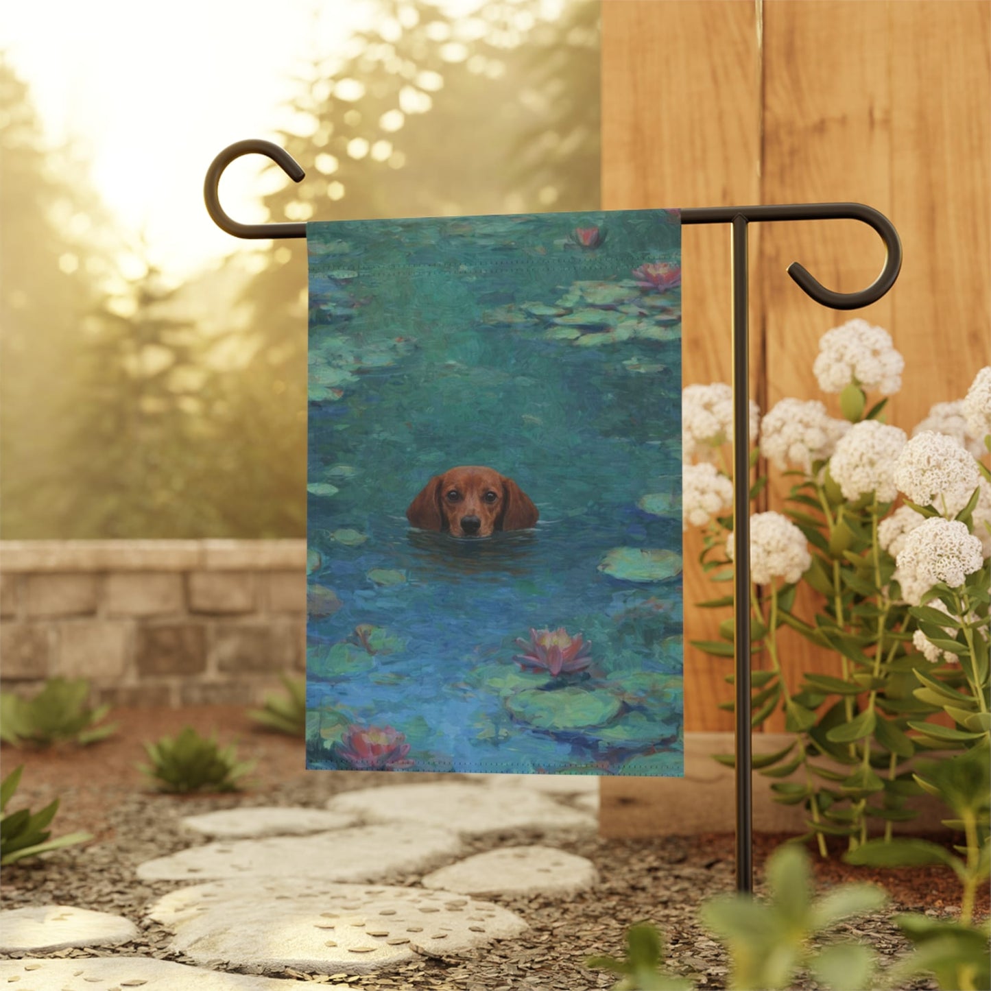 Red Dachshund Monet Waterlilies Garden Flag