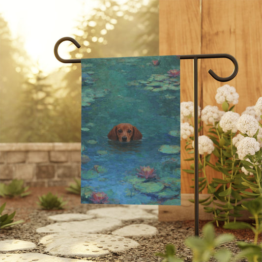 Red Dachshund Monet Waterlilies Garden Flag