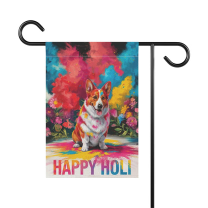Printify Home Decor Red Pembroke Corgi, Cardigan Holi Festival Garden Flag, Indian Celebrations Funny Dog
