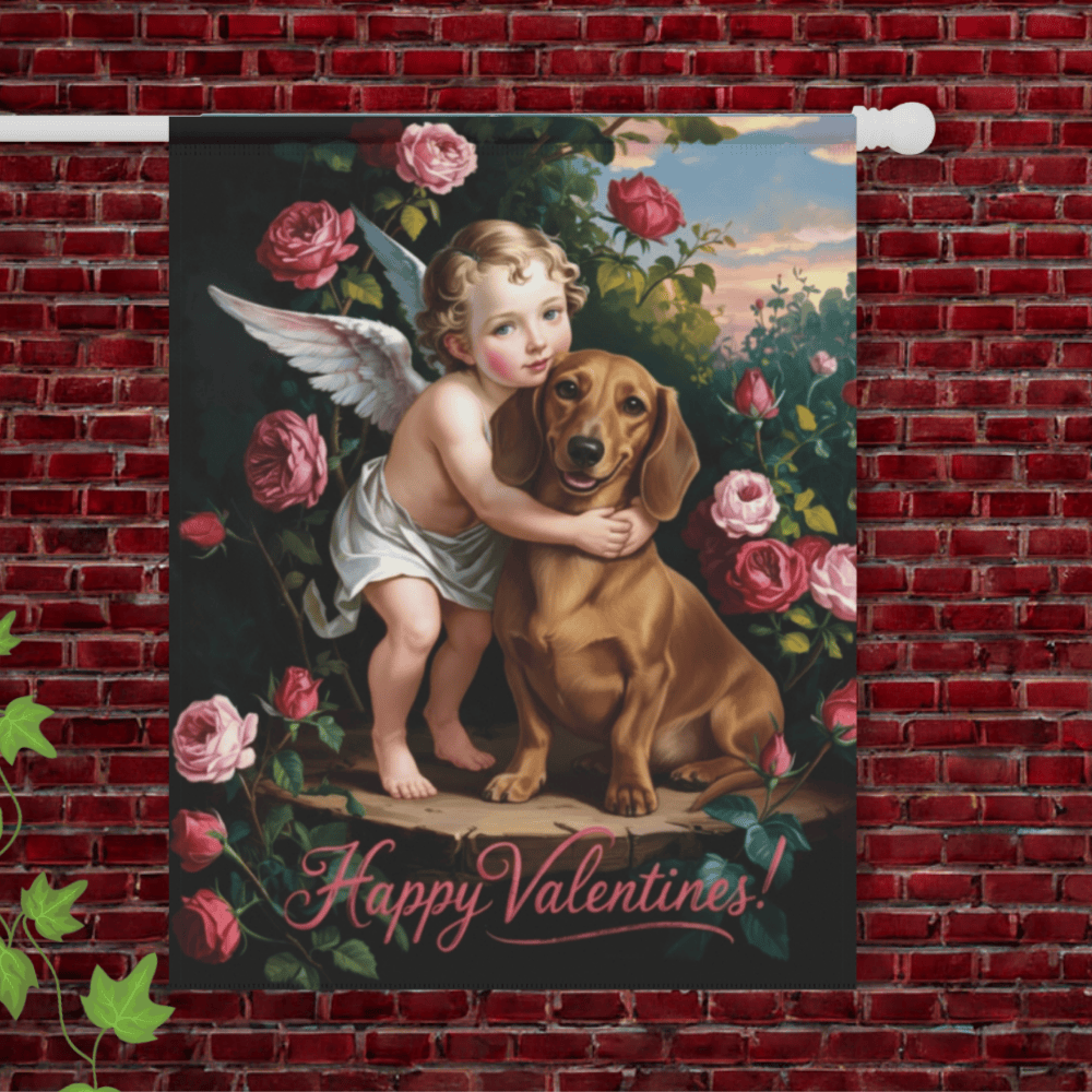 Red Smooth Short Hair Dachshund Valentine's Day Garden Flag 24.5'' × 32''