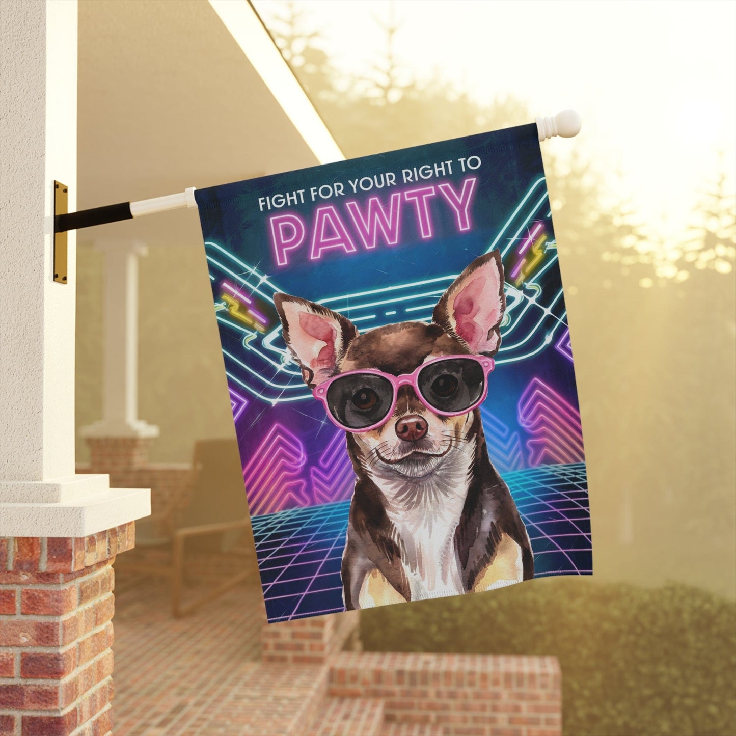 Printify Home Decor Retro Black Chihuahua, 80s Party Decoration, Garden Flag, Front Yard Spring Decor