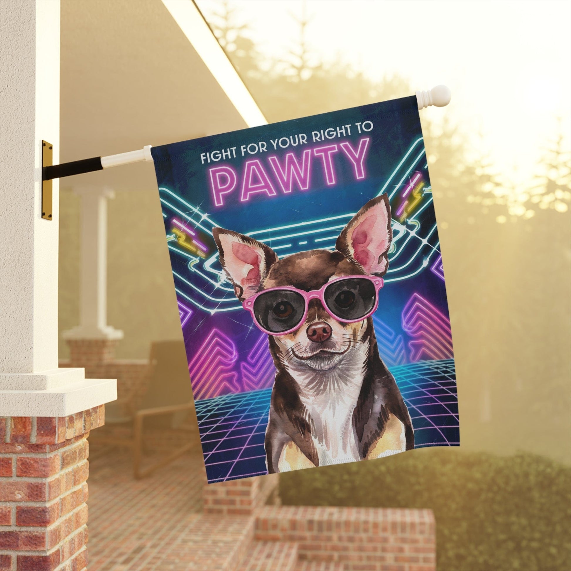 Printify Home Decor Retro Black Chihuahua, 80s Party Decoration, Garden Flag, Front Yard Spring Decor