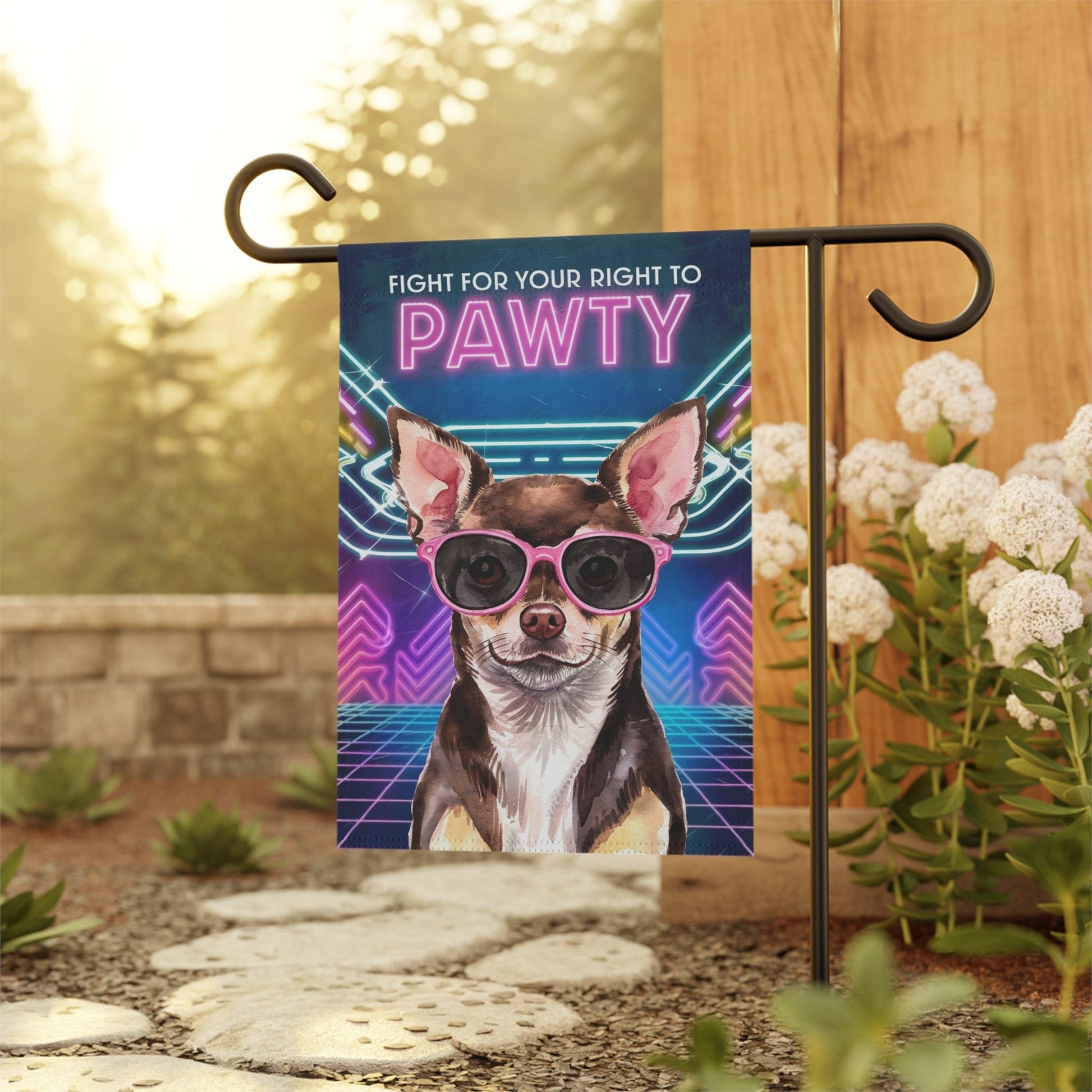 Printify Home Decor Retro Black Chihuahua, 80s Party Decoration, Garden Flag, Front Yard Spring Decor