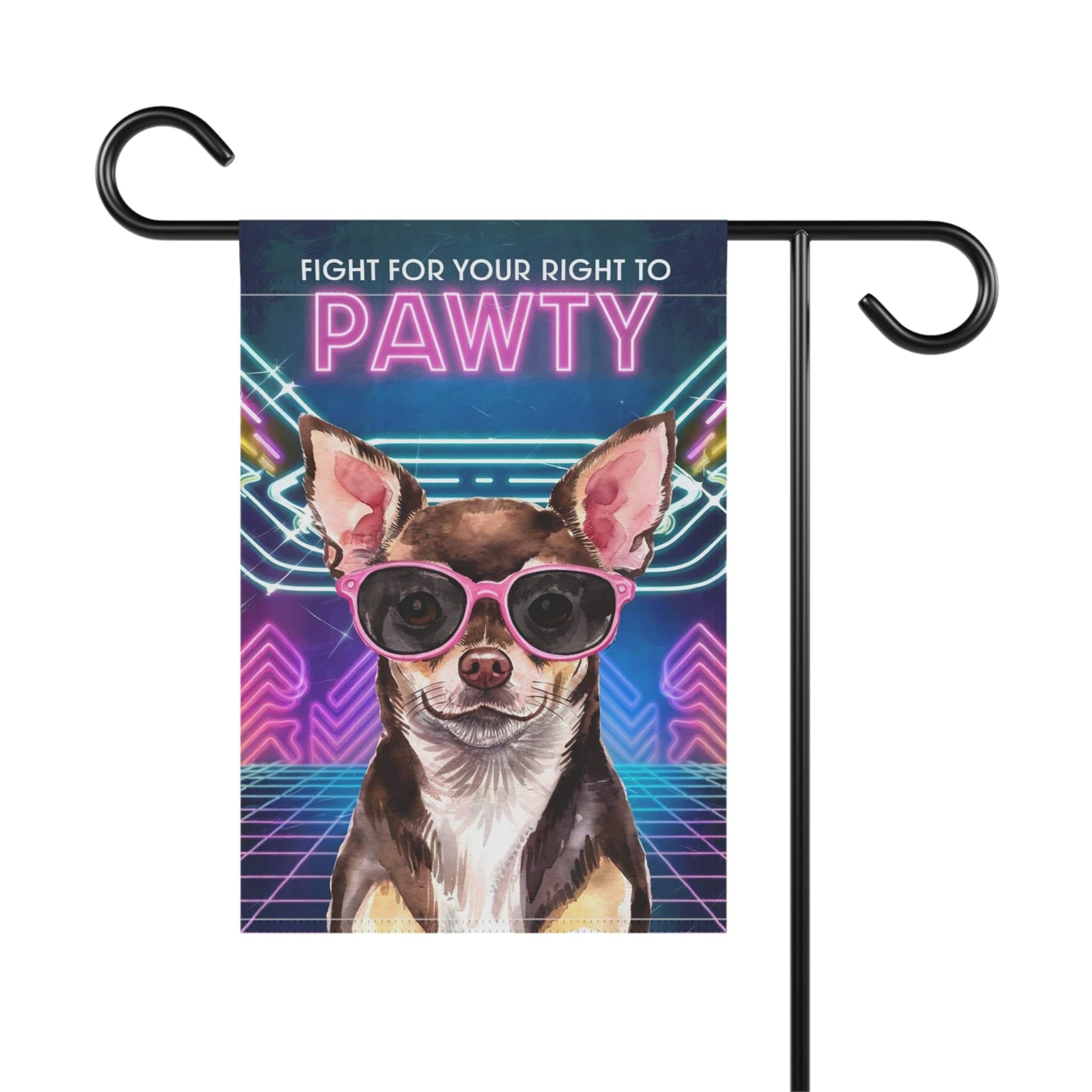 Printify Home Decor Retro Black Chihuahua, 80s Party Decoration, Garden Flag, Front Yard Spring Decor
