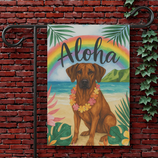 Printify Garden Flag 12'' × 18'' Rhodesian Ridgeback Dog Aloha Luau Garden Flag