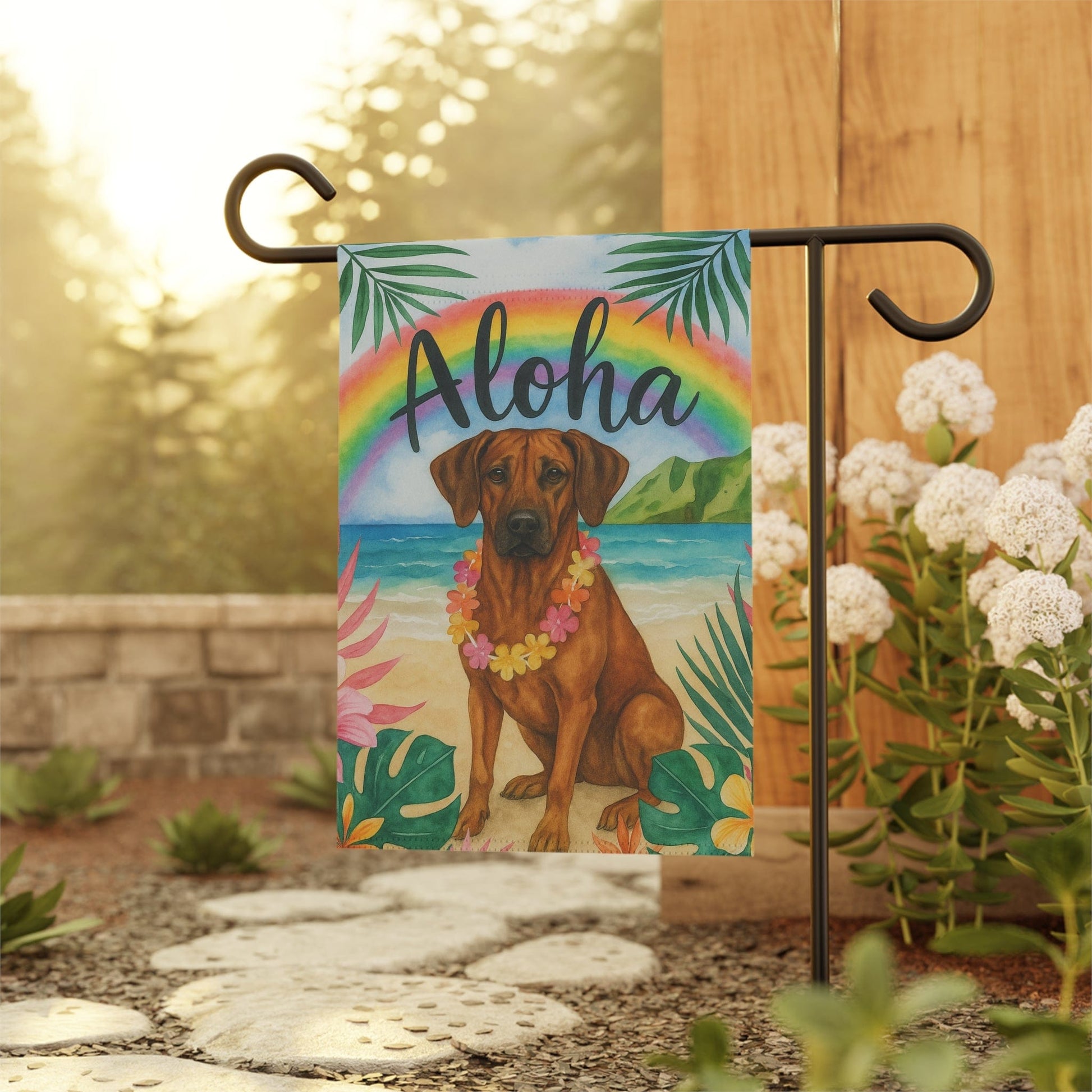 Printify Garden Flag Rhodesian Ridgeback Dog Aloha Luau Garden Flag