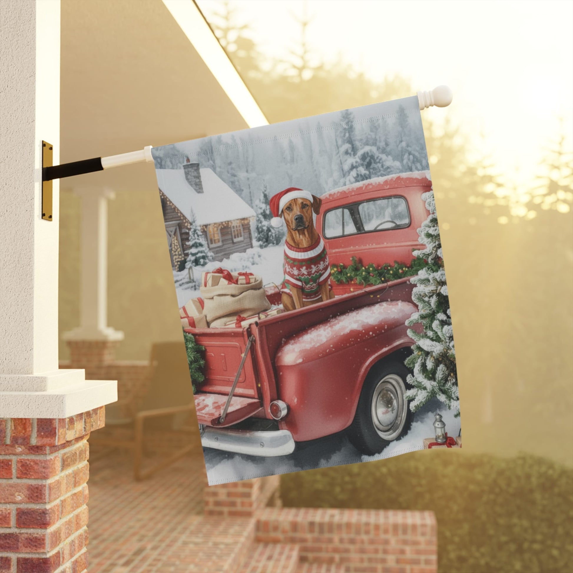 Rhodesian Ridgeback Dog Red Truck Christmas Garden Flag