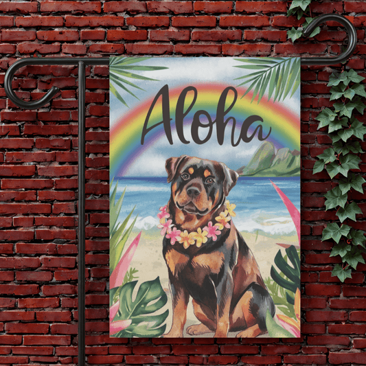 Printify Garden Flag 12'' × 18'' Rottweiler Aloha Luau Garden Flag