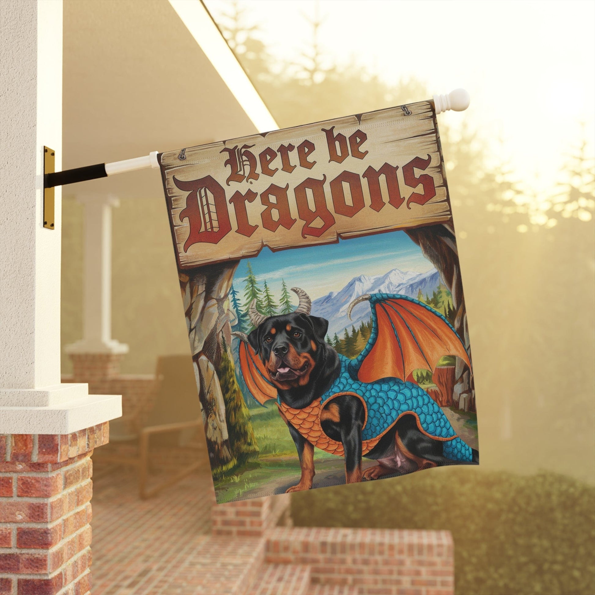 Printify Home Decor Rottweiler Dog, Dragon Garden Flag, Fantasy Pet Adventure, Yard Decor, Housewarming Halloween Flag