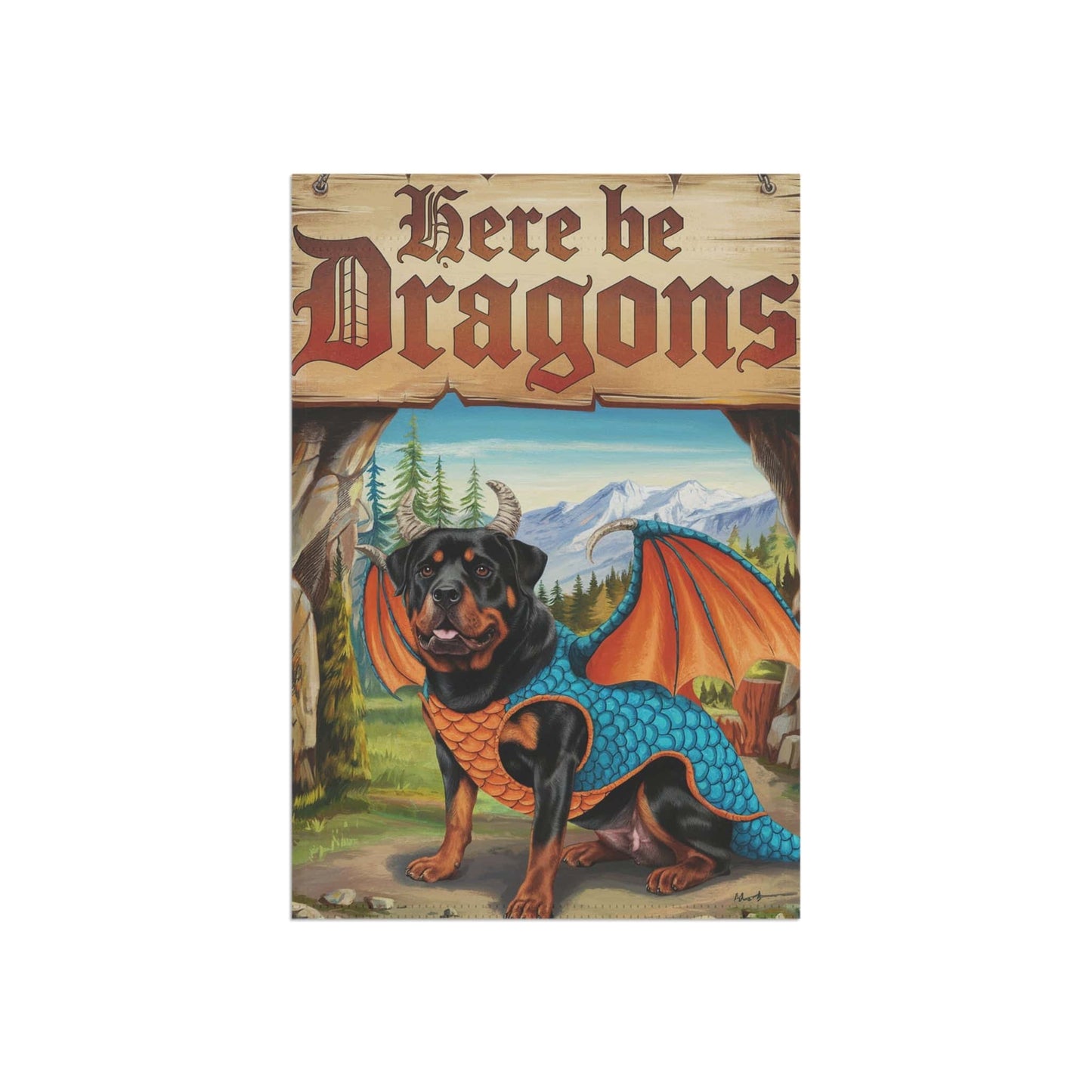 Printify Home Decor Rottweiler Dog, Dragon Garden Flag, Fantasy Pet Adventure, Yard Decor, Housewarming Halloween Flag