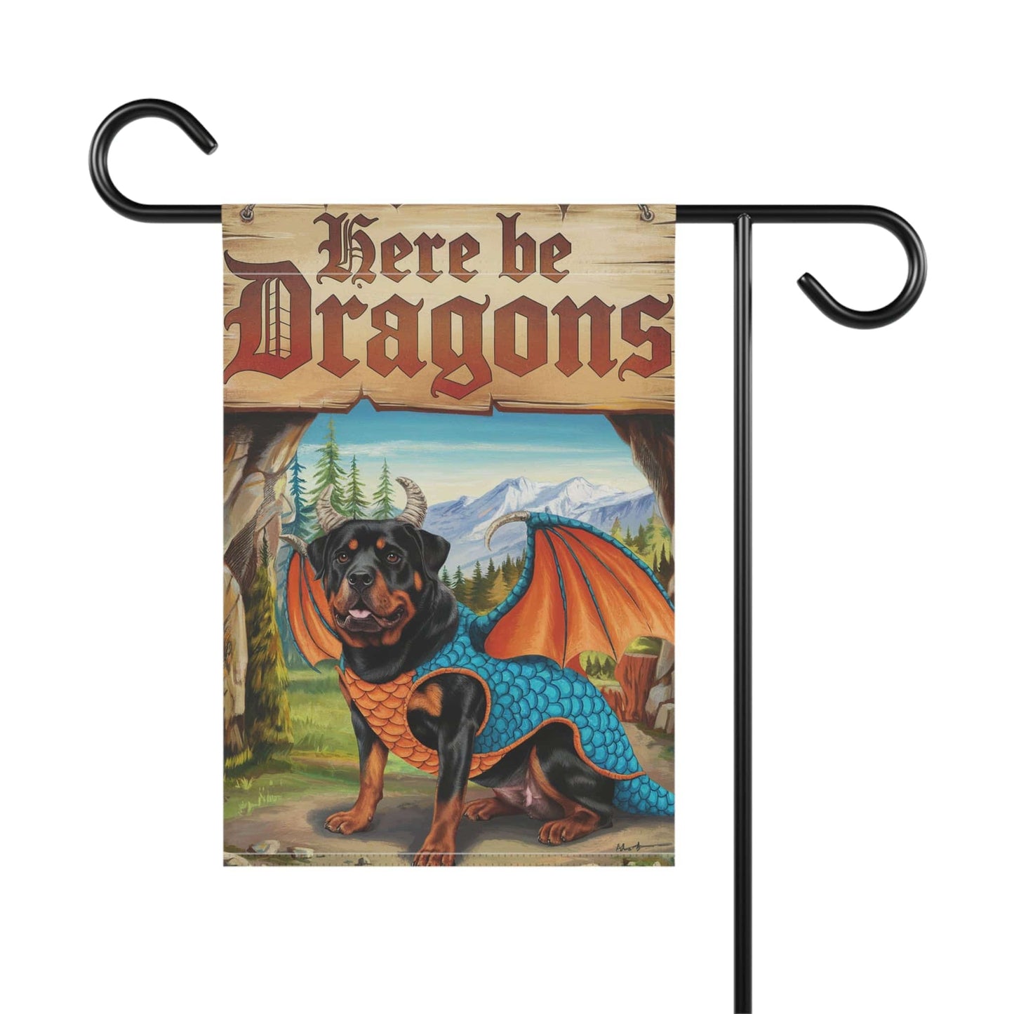 Printify Home Decor Rottweiler Dog, Dragon Garden Flag, Fantasy Pet Adventure, Yard Decor, Housewarming Halloween Flag