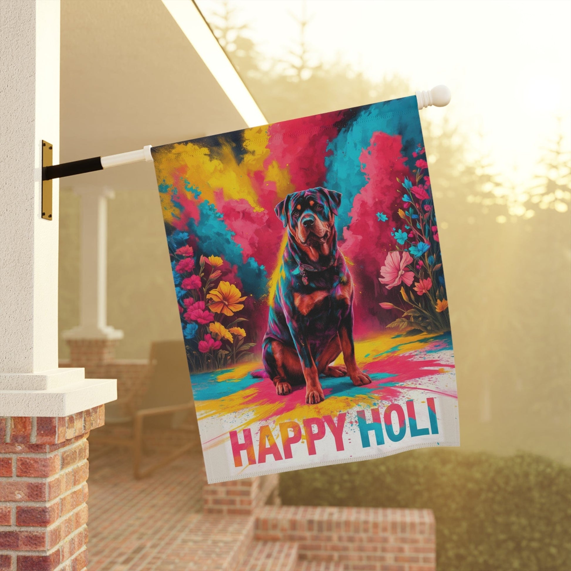 Printify Home Decor Rottweiler Holi Festival Garden Flag, Indian Celebrations Funny Dog Lovers Yard Outside Decor