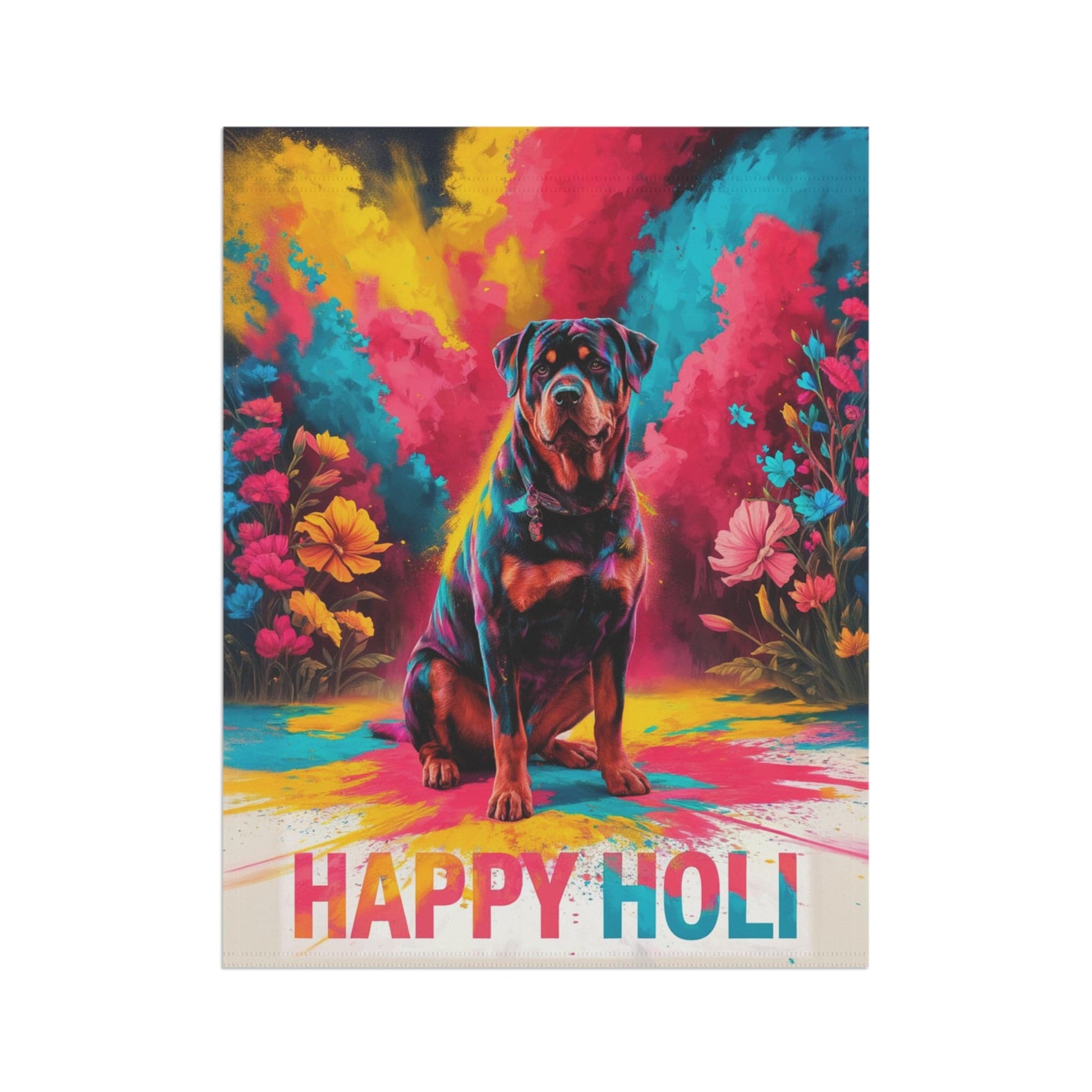 Printify Home Decor Rottweiler Holi Festival Garden Flag, Indian Celebrations Funny Dog Lovers Yard Outside Decor