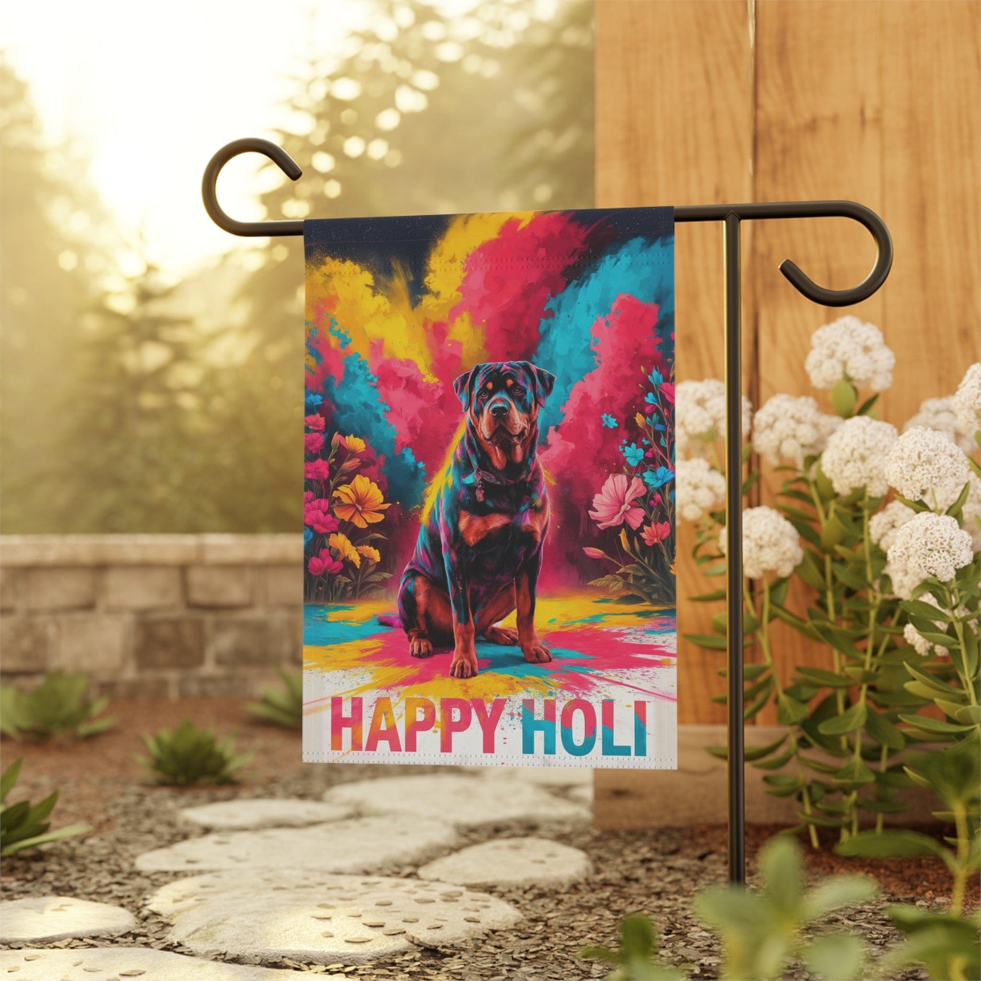 Printify Home Decor Rottweiler Holi Festival Garden Flag, Indian Celebrations Funny Dog Lovers Yard Outside Decor
