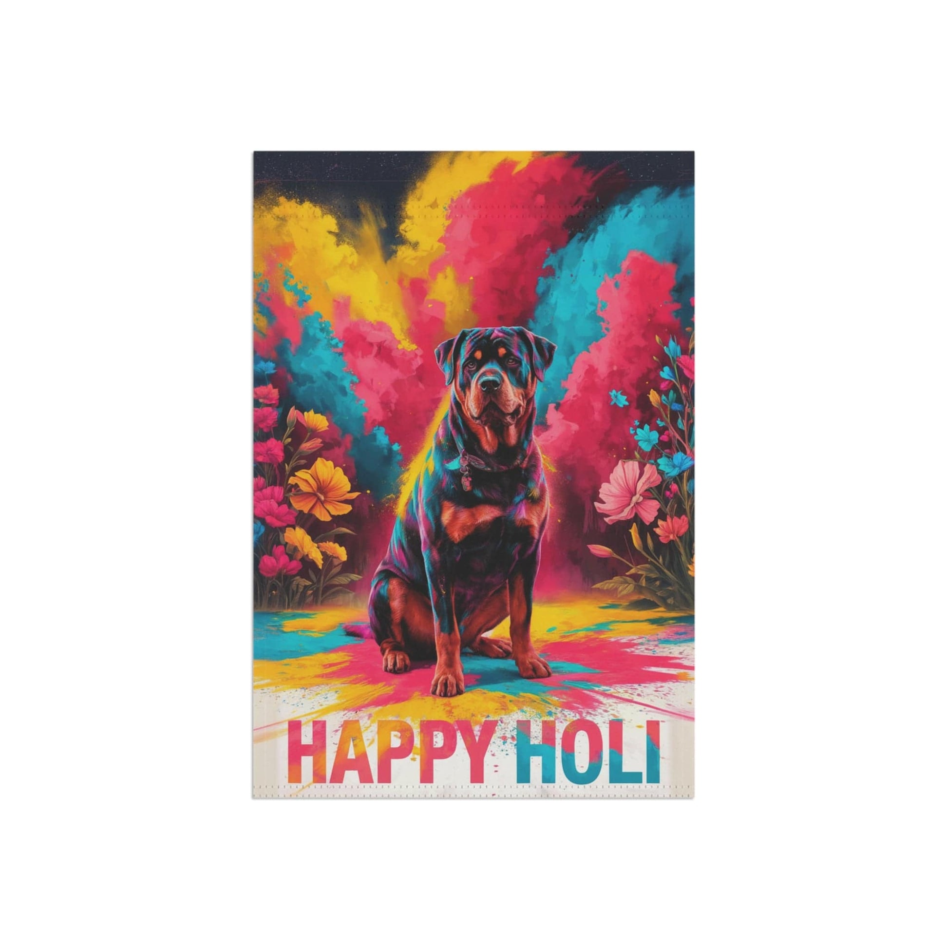 Printify Home Decor Rottweiler Holi Festival Garden Flag, Indian Celebrations Funny Dog Lovers Yard Outside Decor