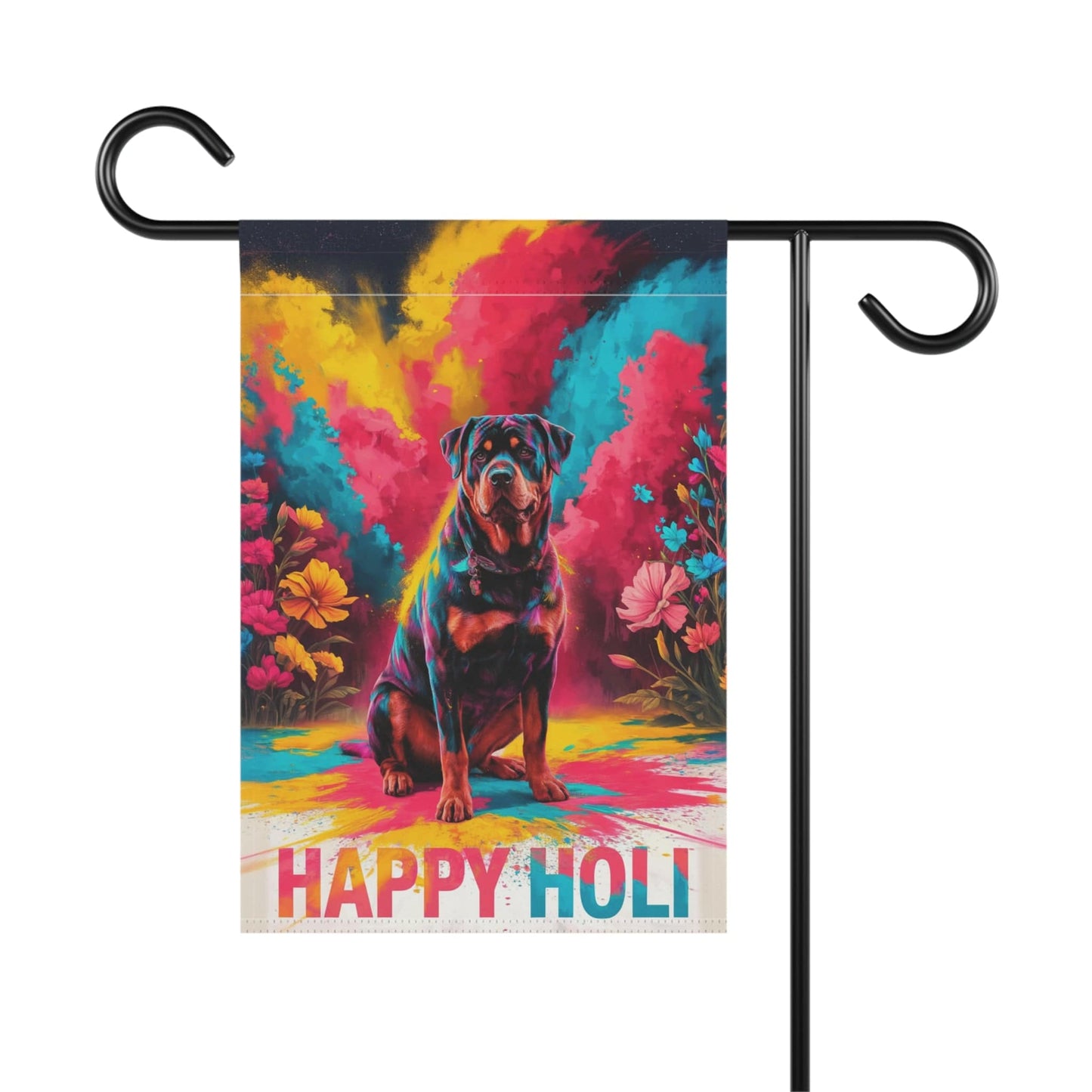 Printify Home Decor Rottweiler Holi Festival Garden Flag, Indian Celebrations Funny Dog Lovers Yard Outside Decor