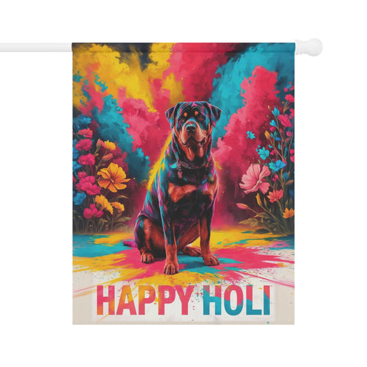 Printify Home Decor 24.5'' × 32'' Rottweiler Holi Festival Garden Flag, Indian Celebrations Funny Dog Lovers Yard Outside Decor