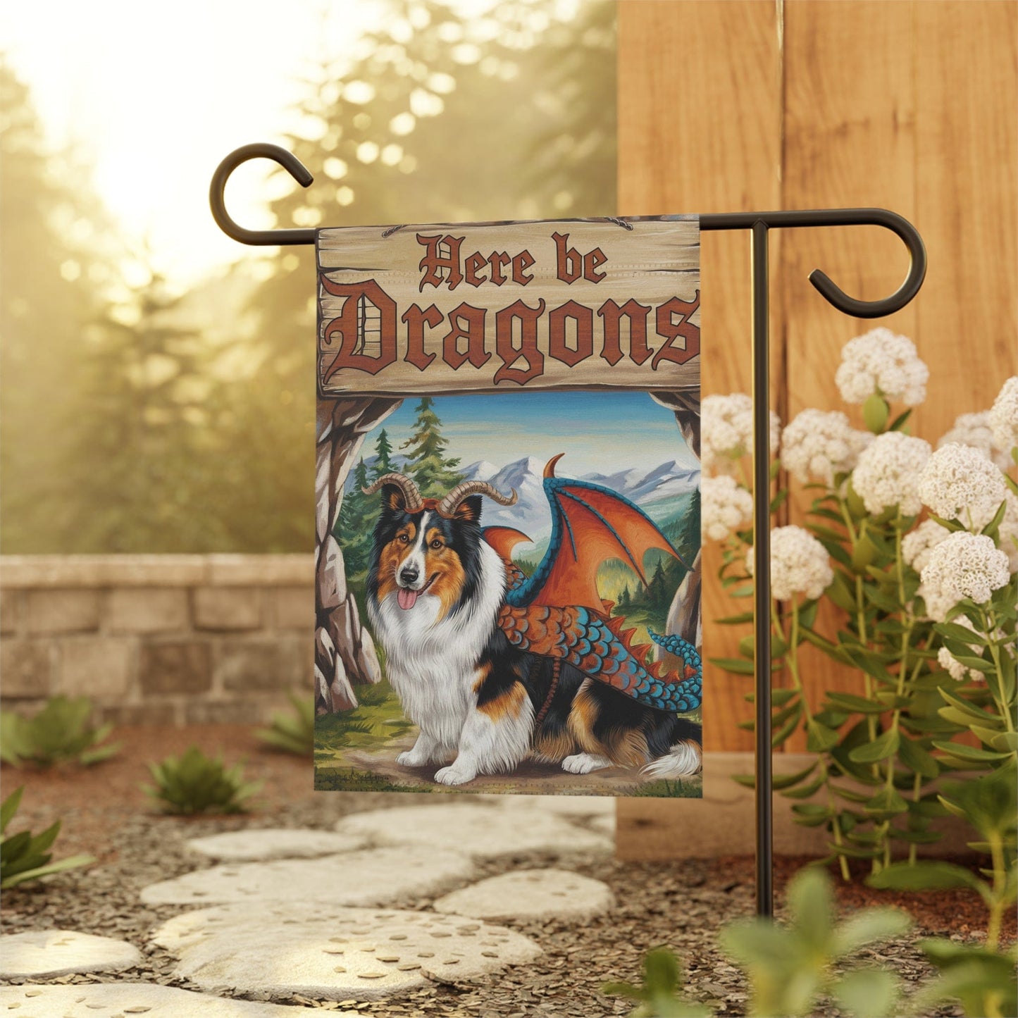 Printify Home Decor Rough Collie Dog Dragon Garden Flag, Fantasy Pet Yard Fall Decor, Housewarming