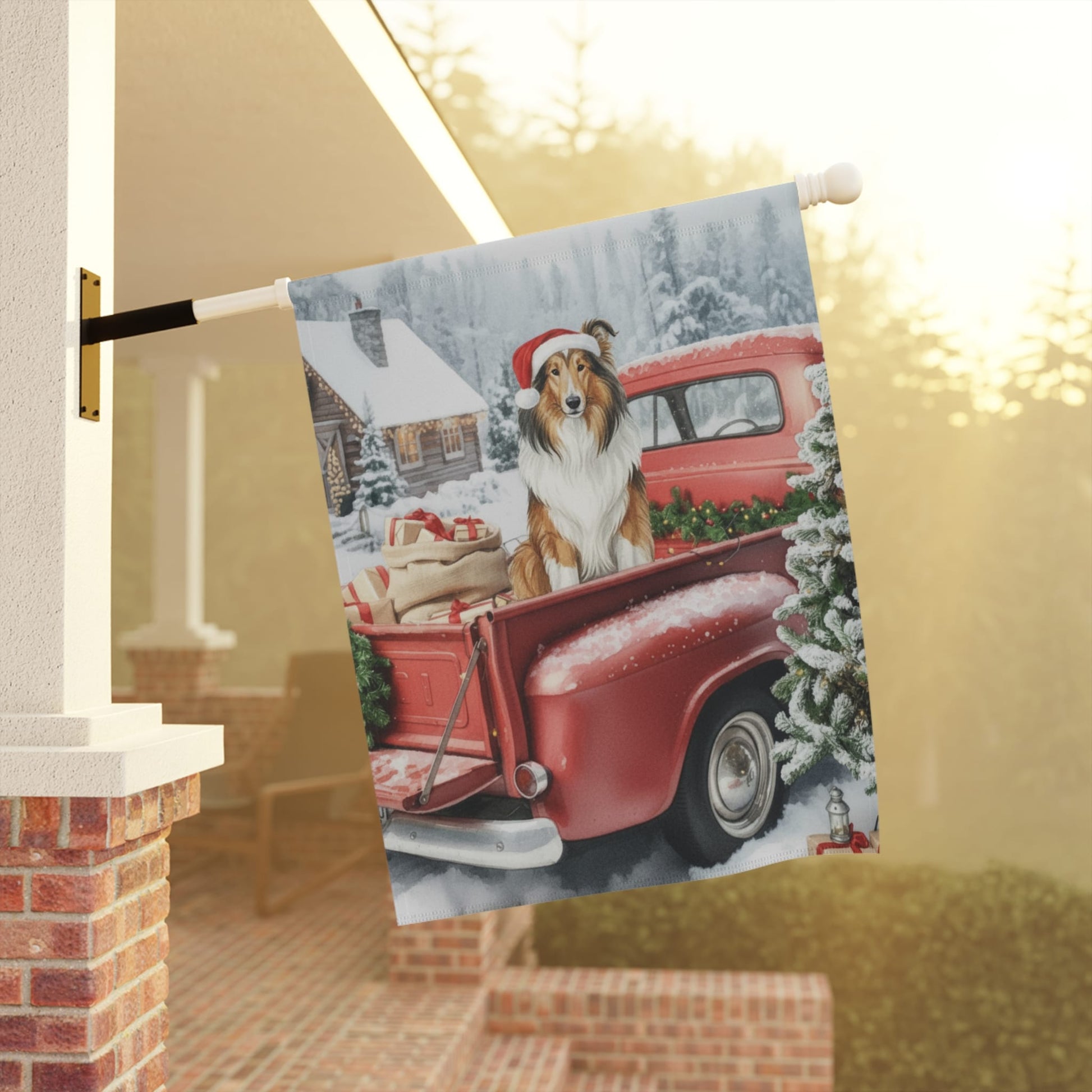 Rough Collie Dog Red Truck Christmas Garden Flag