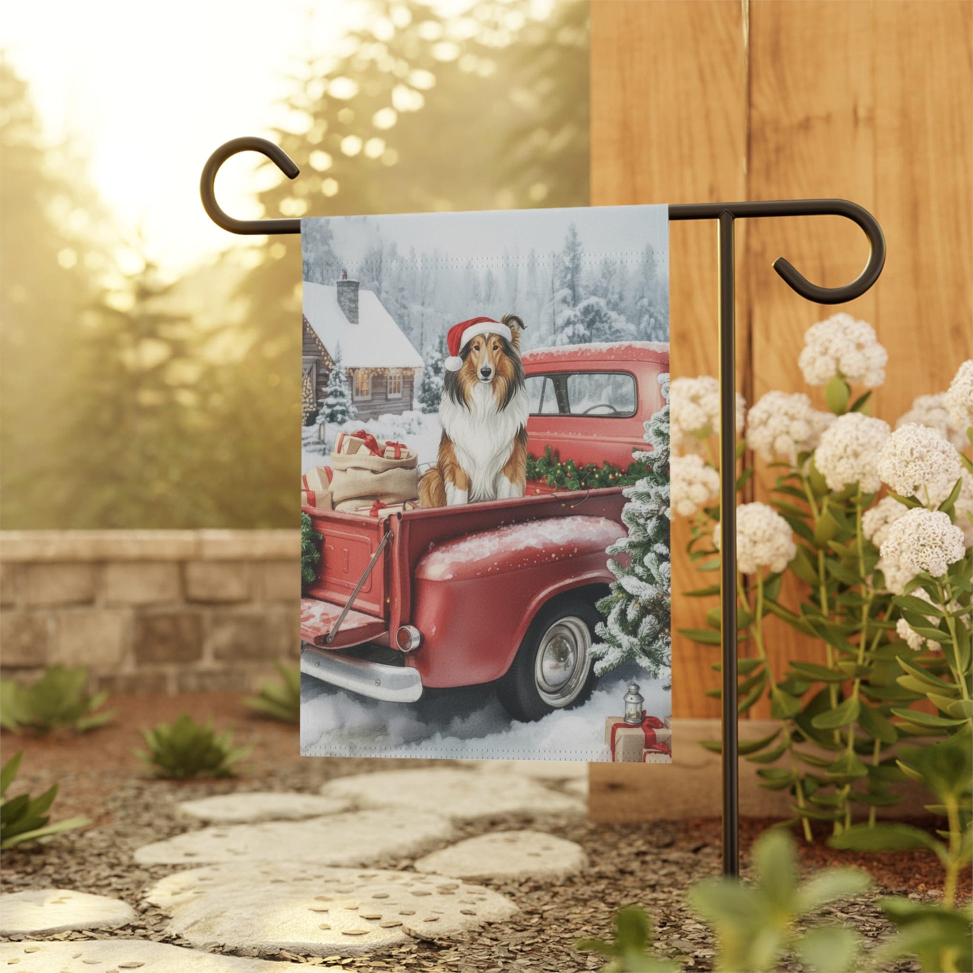 Rough Collie Dog Red Truck Christmas Garden Flag