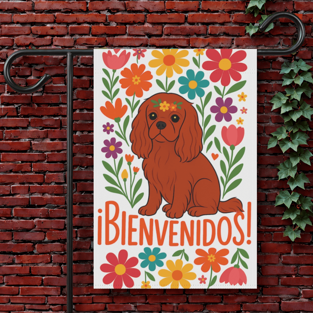 Printify Garden Flag 12'' × 18'' Ruby Cavalier King Charles Bienvenidos Garden Flag
