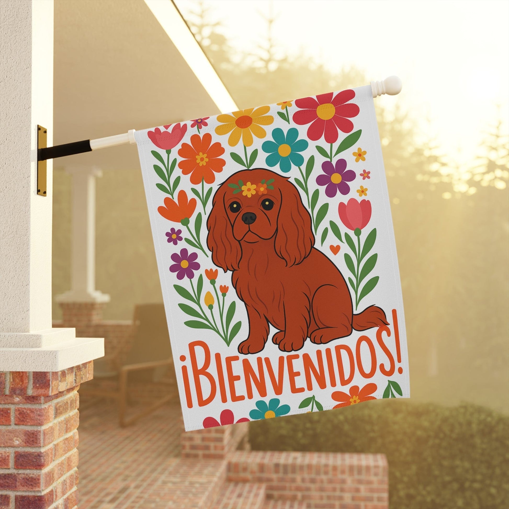 Printify Garden Flag Ruby Cavalier King Charles Bienvenidos Garden Flag