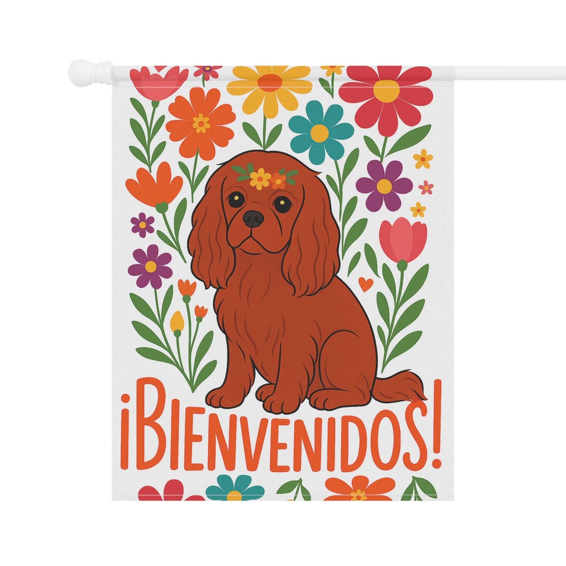 Printify Garden Flag Ruby Cavalier King Charles Bienvenidos Garden Flag