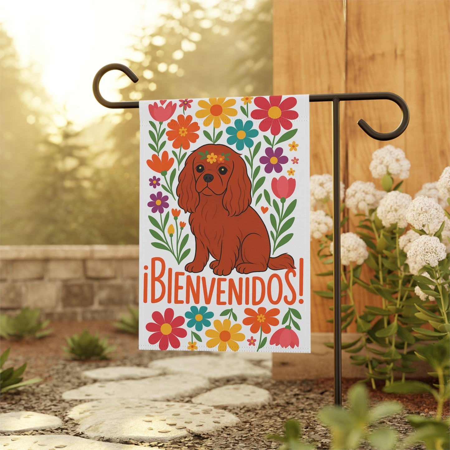 Printify Garden Flag Ruby Cavalier King Charles Bienvenidos Garden Flag