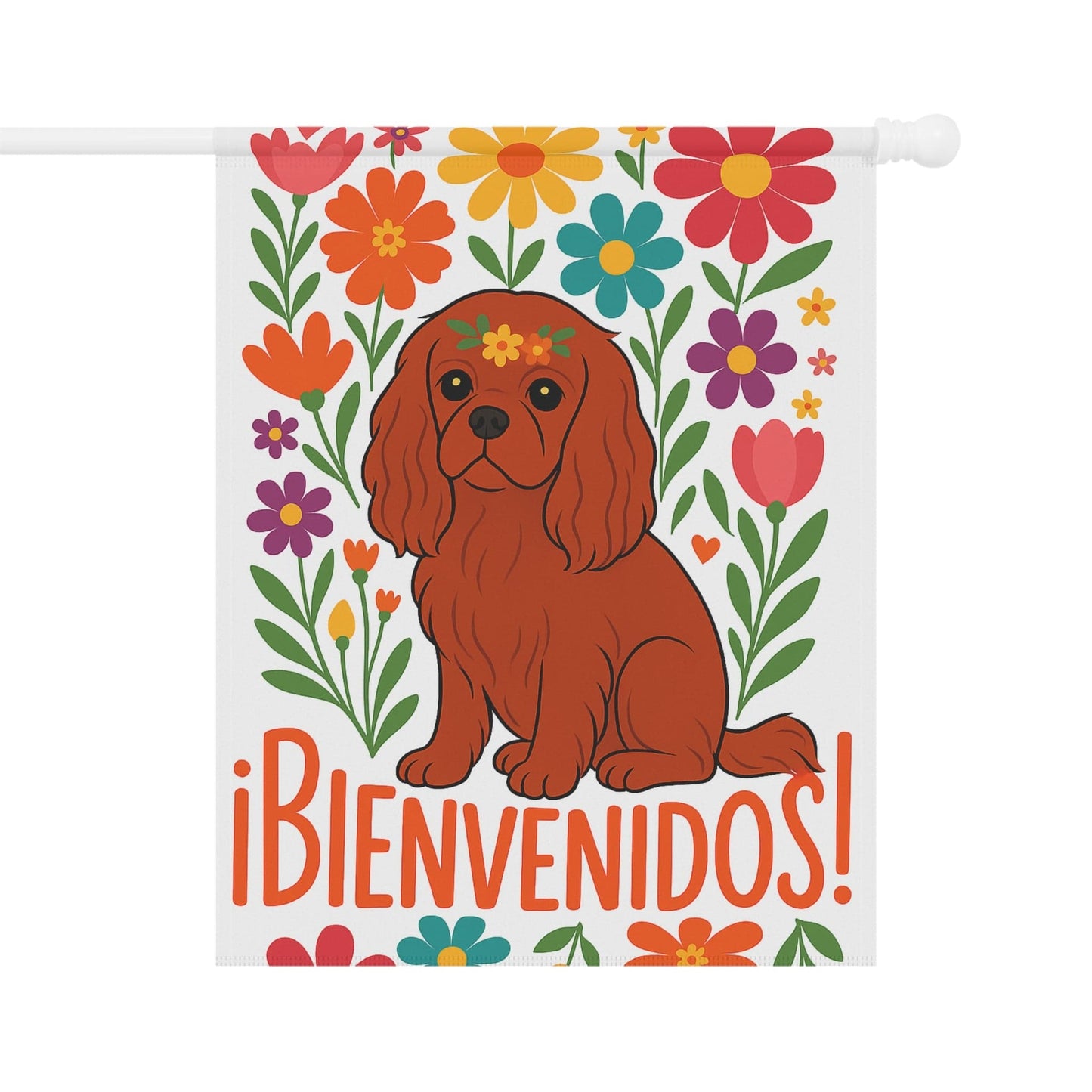 Printify Garden Flag Ruby Cavalier King Charles Bienvenidos Garden Flag