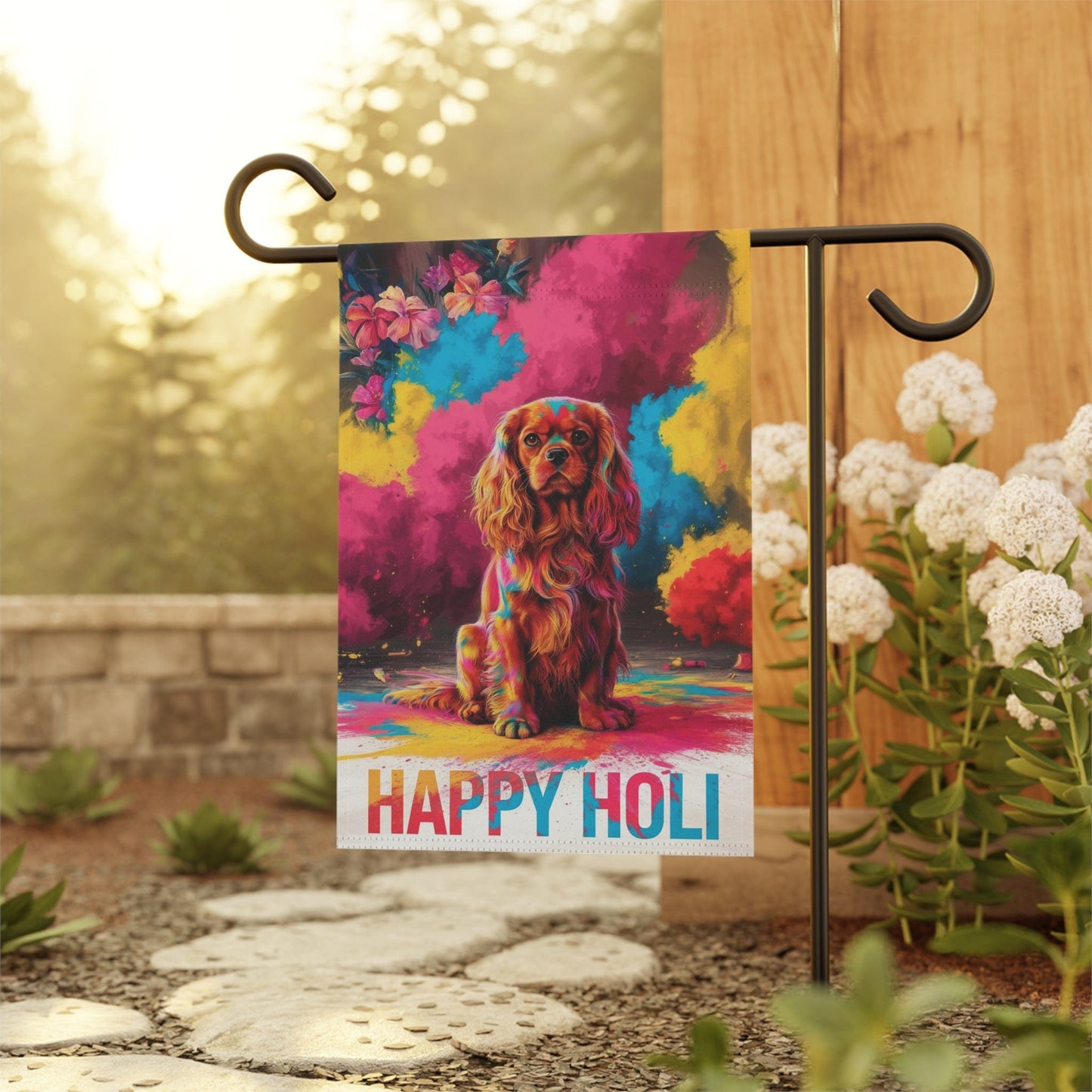 Printify Garden Flag Ruby Cavalier King Charles Holi Festival Garden Flag