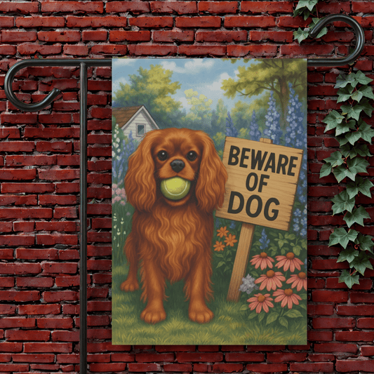 Printify Garden Flag 12'' × 18'' Ruby Cavalier King Charles Spaniel Beware Garden Flag