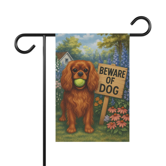 Printify Garden Flag Ruby Cavalier King Charles Spaniel Beware Garden Flag