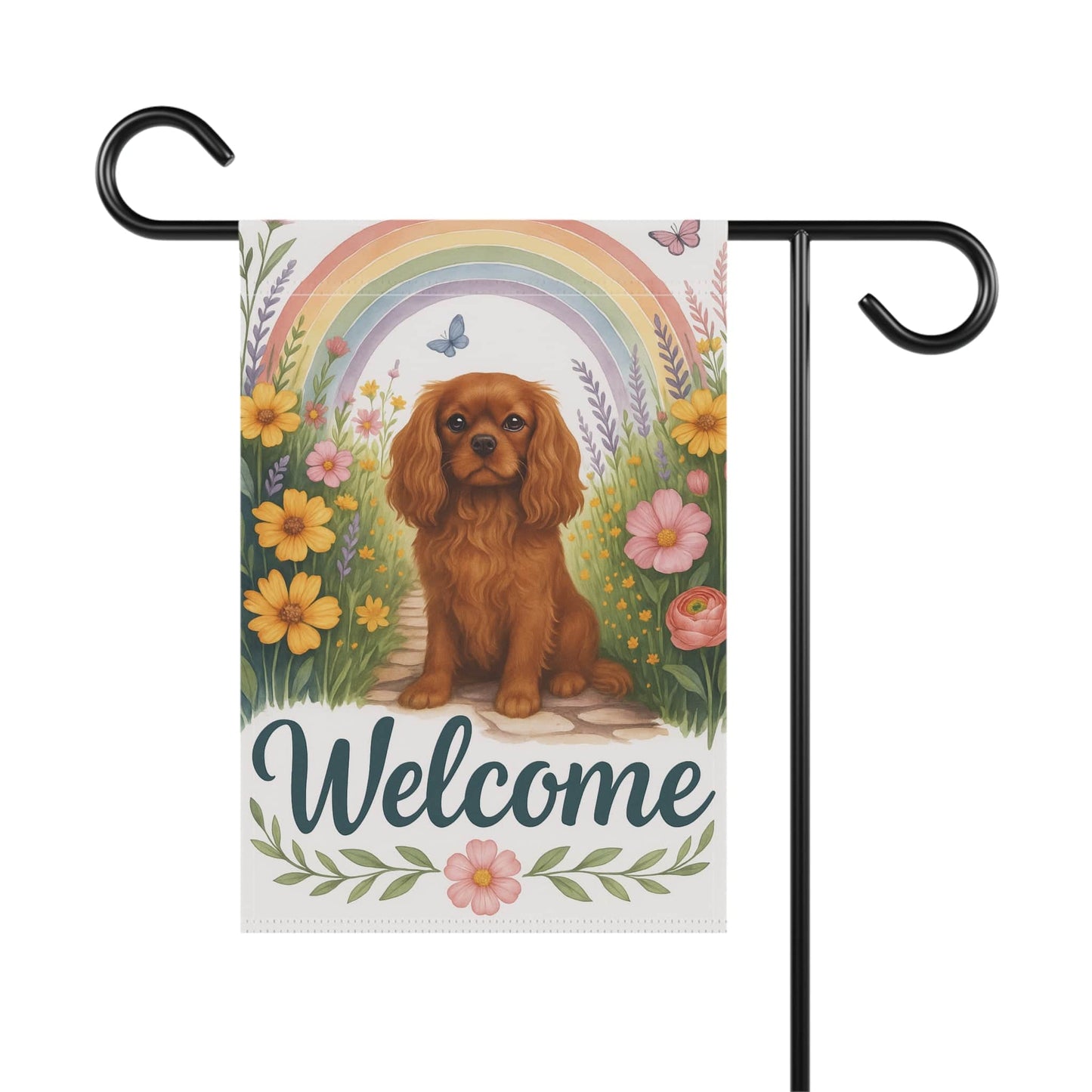 Printify Garden Flag Ruby Cavalier King Charles Welcome Garden Flag