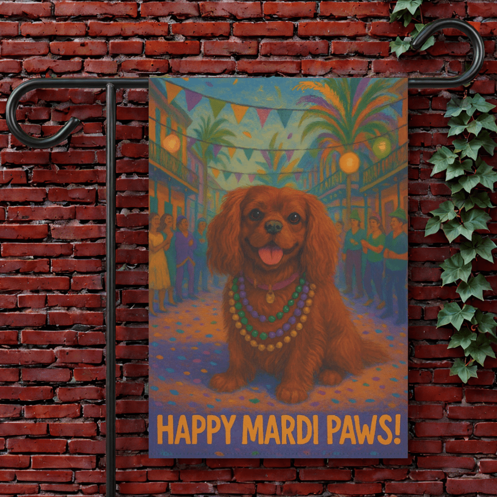 Ruby Cavalier Mardi Paws Garden Flag 12'' × 18''
