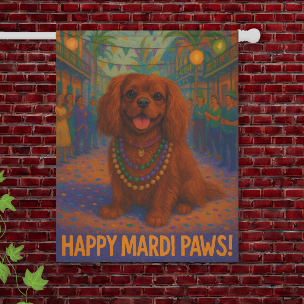 Ruby Cavalier Mardi Paws Garden Flag 24.5'' × 32''
