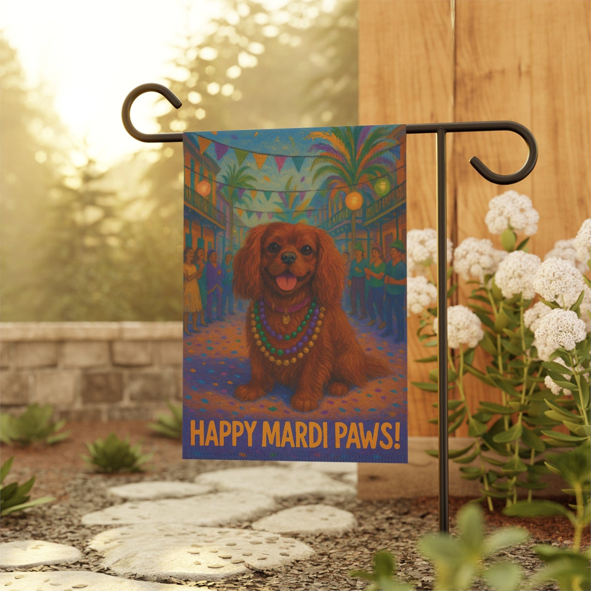 Ruby Cavalier Mardi Paws Garden Flag