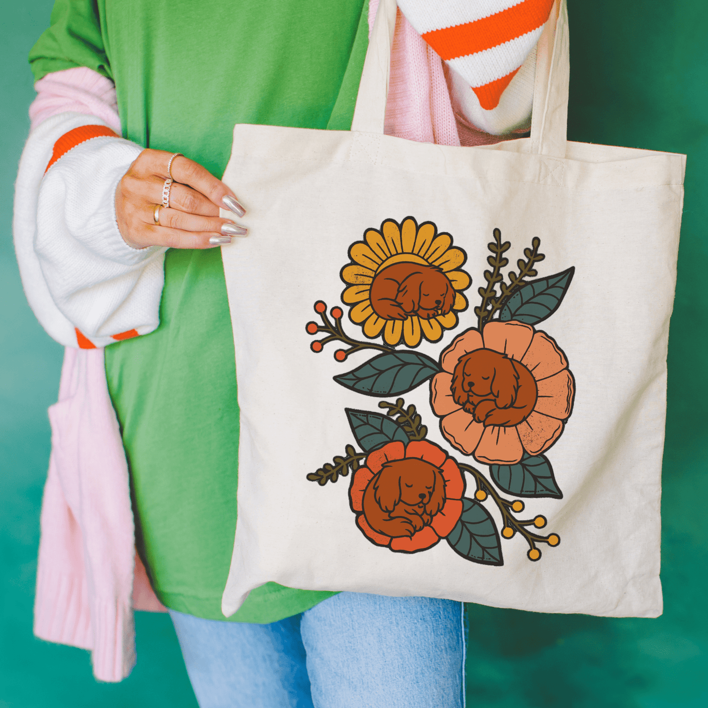 Ruby Cavalier Sleeping Flowers Tote Bag Natural 15" x 16"