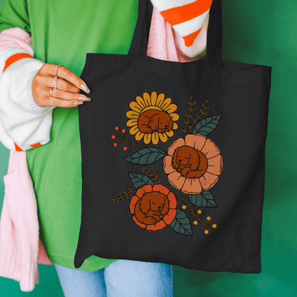 Ruby Cavalier Sleeping Flowers Tote Bag Black 15" x 16"