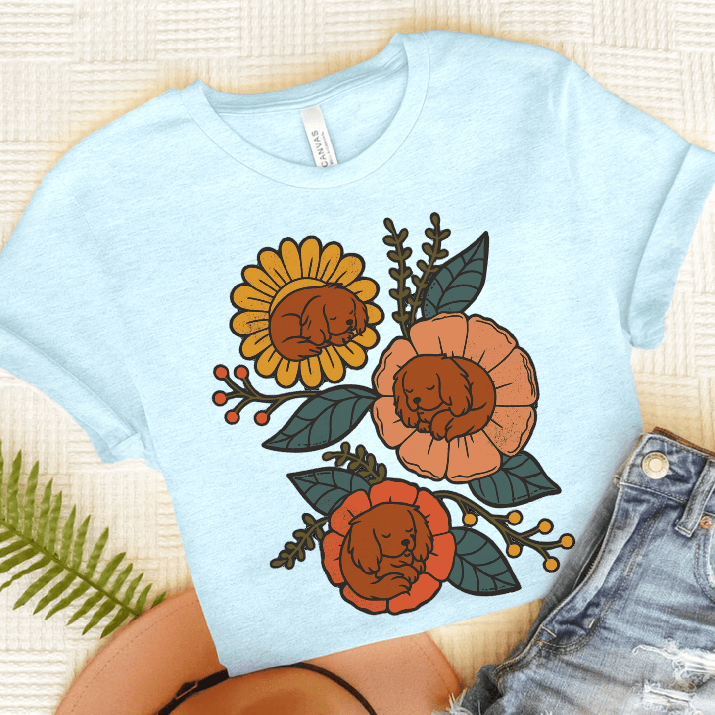 Ruby Cavalier Sleeping Flowers TShirt Heather Ice Blue