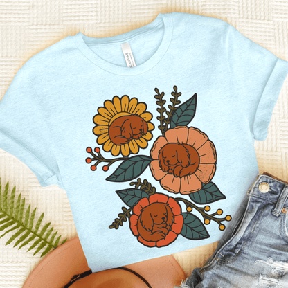Ruby Cavalier Sleeping Flowers TShirt Heather Ice Blue