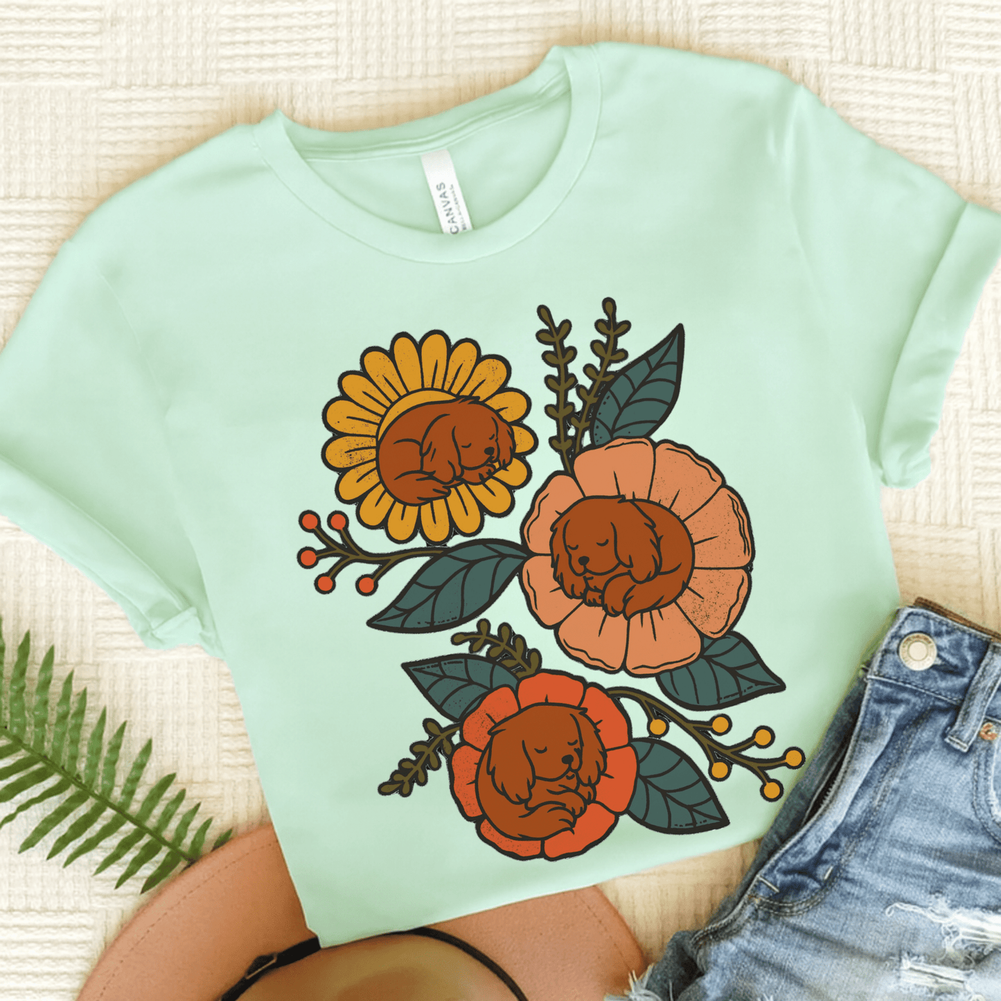 Ruby Cavalier Sleeping Flowers TShirt Heather Mint
